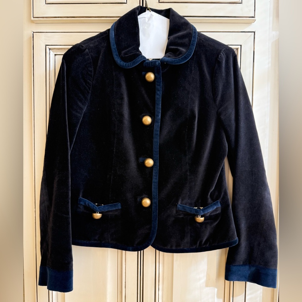Marc Jacobs Black Velvet Jacket with Navy Blue Trim, Size 2